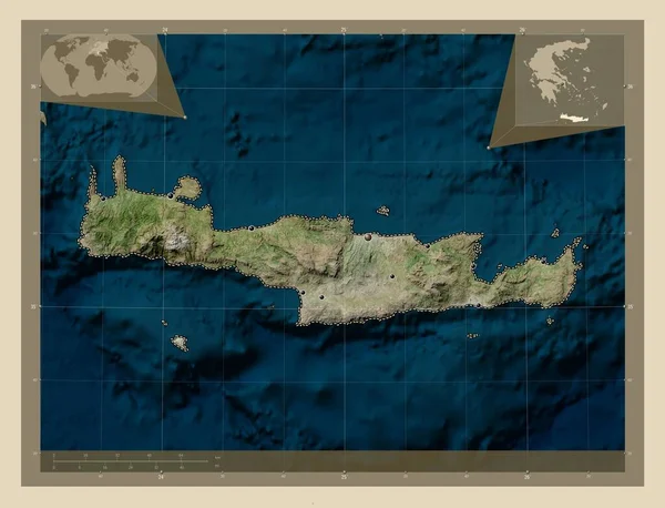 クレタ島 ギリシャの分散管理 高解像度衛星地図 地域の主要都市の場所 コーナー補助位置図 — ストック写真