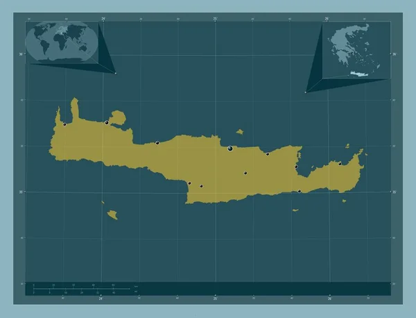 希腊行政权力分散的克里特岛 固体的颜色形状 该区域主要城市的所在地点 角辅助位置图 — 图库照片