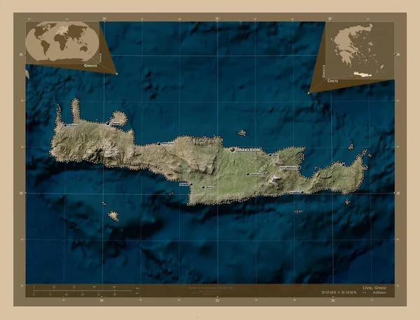 クレタ島 ギリシャの分散管理 低解像度衛星地図 地域の主要都市の位置と名前 コーナー補助位置図 — ストック写真