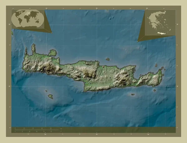 希腊行政权力分散的克里特岛 用Wiki风格绘制的带有湖泊和河流的高程地图 该区域主要城市的所在地点 角辅助位置图 — 图库照片