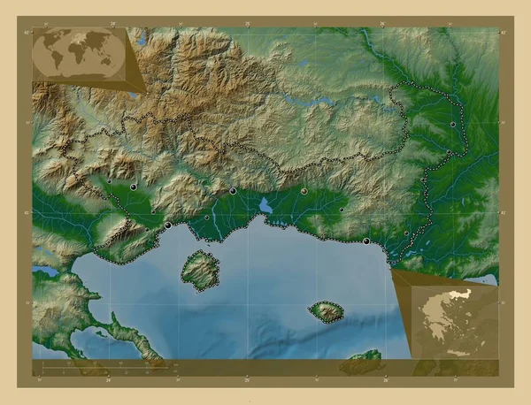 東マケドニアとトラキア ギリシャの分散管理 湖や川と色の標高マップ 地域の主要都市の場所 コーナー補助位置図 — ストック写真