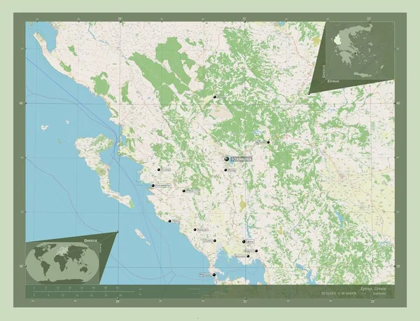 伊庇鲁斯 希腊的分权政府 开放街道地图 该区域主要城市的地点和名称 角辅助位置图 — 图库照片