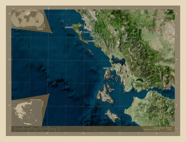 爱奥尼亚群岛 希腊的分权行政管理 高分辨率卫星地图 该区域主要城市的地点和名称 角辅助位置图 — 图库照片