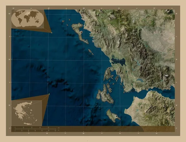 Ionian Islands, decentralized administration of Greece. Low resolution satellite map. Locations of major cities of the region. Corner auxiliary location maps