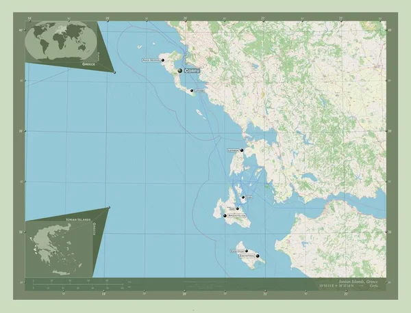 イオニア諸島 ギリシャの分散管理 ストリートマップを開く 地域の主要都市の位置と名前 コーナー補助位置図 — ストック写真