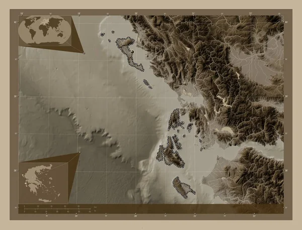 Yon Adaları Yunanistan Merkezi Olmayan Yönetimi Yükseklik Haritası Sepya Tonlarında — Stok fotoğraf