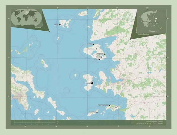 北エーゲ海 ギリシャの分散管理 ストリートマップを開く 地域の主要都市の位置と名前 コーナー補助位置図 — ストック写真