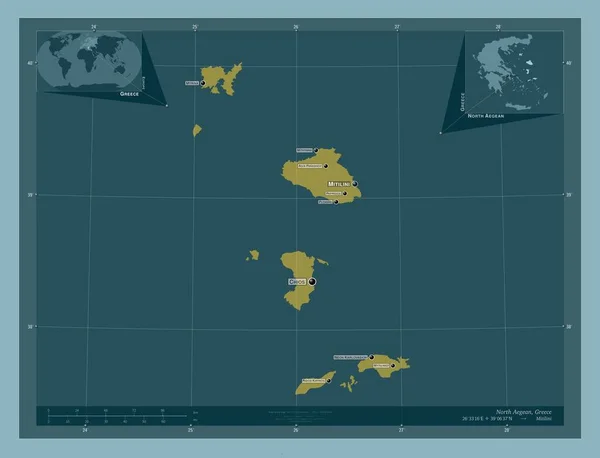 北エーゲ海 ギリシャの分散管理 しっかりした色の形 地域の主要都市の位置と名前 コーナー補助位置図 — ストック写真