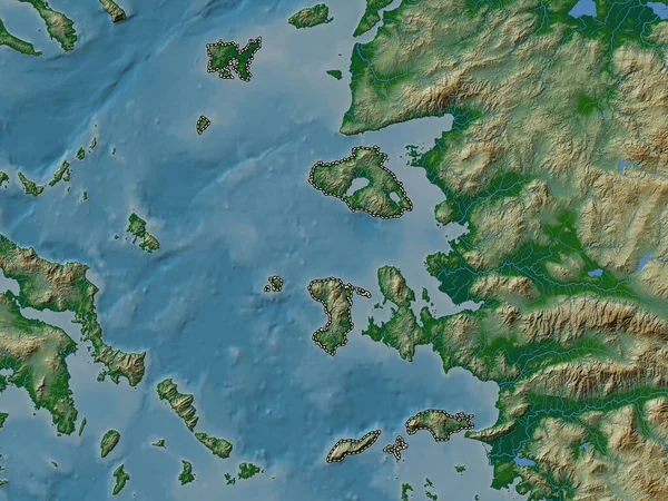 Βόρειο Αιγαίο Αποκεντρωμένη Διοίκηση Της Ελλάδας Χρωματιστός Υψομετρικός Χάρτης Λίμνες — Φωτογραφία Αρχείου