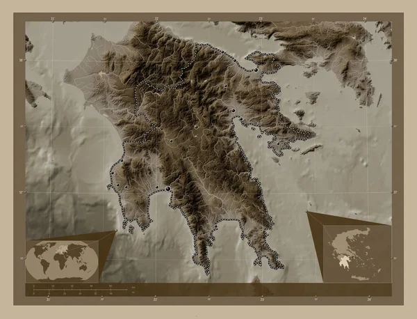 Пелопоннес Децентрализованная Администрация Греции Карта Высоты Окрашенная Сепиевые Тона Озерами — стоковое фото