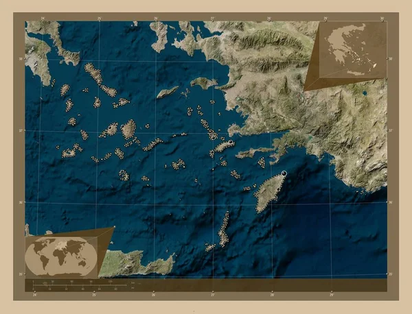 South Aegean, decentralized administration of Greece. Low resolution satellite map. Locations of major cities of the region. Corner auxiliary location maps