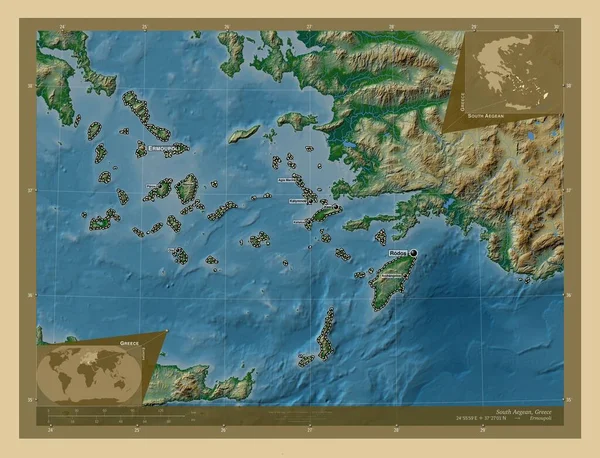 남에게 South Aegean 그리스의 구역이다 호수와 고지대 지역의 도시들의 위치와 — 스톡 사진
