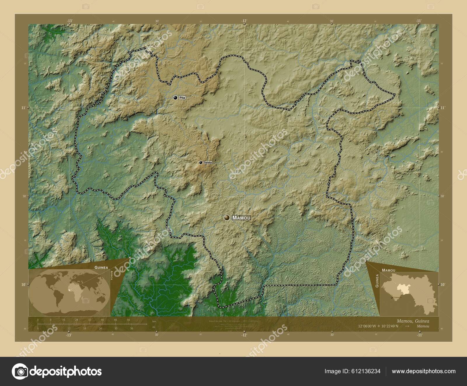 Mamou Region Guinea Colored Elevation Map Lakes Rivers Locations Names