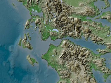 Batı Yunanistan, Yunanistan 'ın ademi merkeziyeti. Yükseklik haritası göller ve nehirlerle wiki stilinde renklendirilmiştir