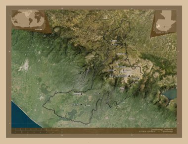 Quezaltenango, Guatemala Departmanı. Düşük çözünürlüklü uydu. Bölgenin büyük şehirlerinin yerleri ve isimleri. Köşedeki yedek konum haritaları
