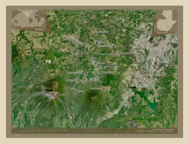 Sacatepequez, Guatemala Departmanı. Yüksek çözünürlüklü uydu. Bölgenin büyük şehirlerinin yerleri ve isimleri. Köşedeki yedek konum haritaları