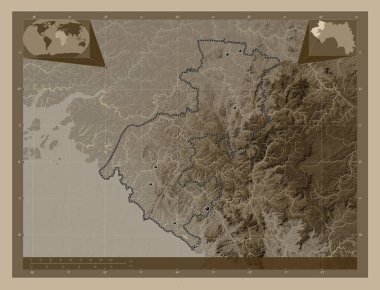 Boke, Gine bölgesi. Yükseklik haritası sepya tonlarında göller ve nehirlerle renklendirilmiş. Bölgenin büyük şehirlerinin yerleri. Köşedeki yedek konum haritaları