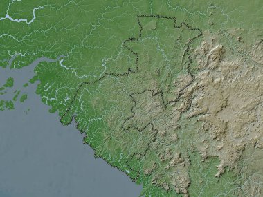 Boke, Gine bölgesi. Yükseklik haritası göller ve nehirlerle wiki stilinde renklendirilmiştir
