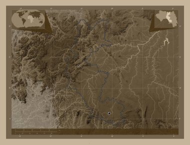 Faranah, Gine bölgesi. Yükseklik haritası sepya tonlarında göller ve nehirlerle renklendirilmiş. Bölgenin büyük şehirlerinin yerleri. Köşedeki yedek konum haritaları