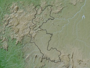 Faranah, Gine bölgesi. Yükseklik haritası göller ve nehirlerle wiki stilinde renklendirilmiştir