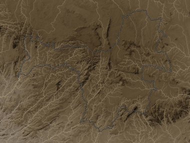 Nzerekore, Gine bölgesi. Yükseklik haritası sepya tonlarında göller ve nehirlerle renklendirilmiş
