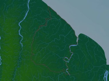 Mahaica-Berbice, Guyana bölgesi. Gölleri ve nehirleri olan renkli yükseklik haritası