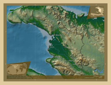 L 'Artibonite, Haiti Bölümü. Gölleri ve nehirleri olan renkli yükseklik haritası. Bölgenin büyük şehirlerinin yerleri ve isimleri. Köşedeki yedek konum haritaları