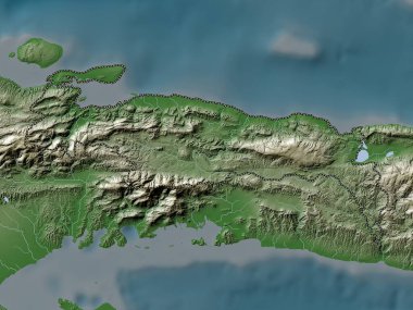 Nippes, Haiti Bölümü. Yükseklik haritası göller ve nehirlerle wiki stilinde renklendirilmiştir