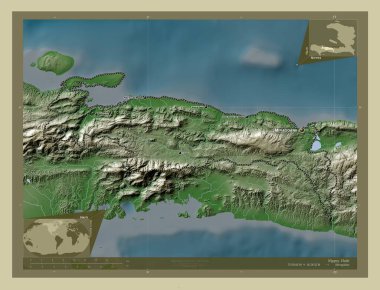 Nippes, Haiti Bölümü. Yükseklik haritası göller ve nehirlerle wiki tarzında renklendirilmiş. Bölgenin büyük şehirlerinin yerleri ve isimleri. Köşedeki yedek konum haritaları