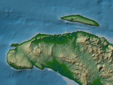 Nord-Ouest, Haiti Bölümü. Gölleri ve nehirleri olan renkli yükseklik haritası