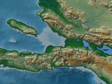 Ouest, Haiti Bölümü. Gölleri ve nehirleri olan renkli yükseklik haritası