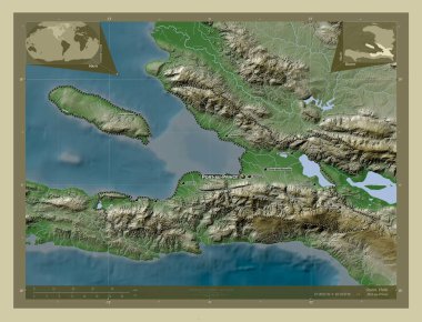 Ouest, Haiti Bölümü. Yükseklik haritası göller ve nehirlerle wiki tarzında renklendirilmiş. Bölgenin büyük şehirlerinin yerleri ve isimleri. Köşedeki yedek konum haritaları