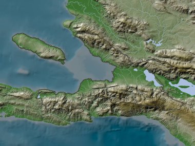 Ouest, Haiti Bölümü. Yükseklik haritası göller ve nehirlerle wiki stilinde renklendirilmiştir