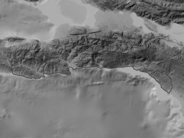Sud-Est, Haiti Bölümü. Gölleri ve nehirleri olan gri tonlama yükseklik haritası