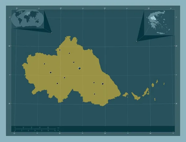 テッサリア ギリシャの分散管理 しっかりした色の形 地域の主要都市の場所 コーナー補助位置図 — ストック写真