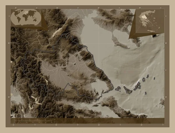 Фессалия Децентрализованная Администрация Греции Карта Высоты Окрашенная Сепиевые Тона Озерами — стоковое фото