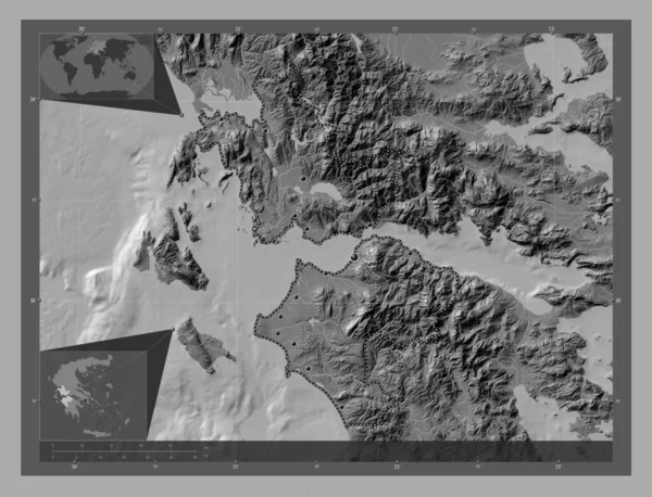 希腊西部 希腊行政权力分散 带湖泊和河流的比尔维尔高程图 该区域主要城市的所在地点 角辅助位置图 — 图库照片