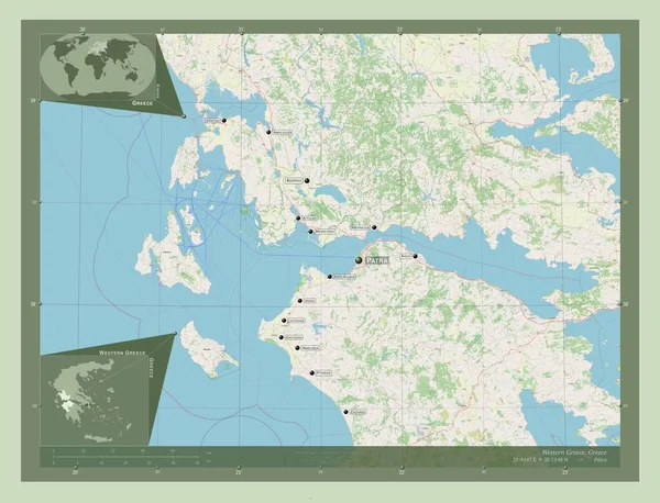 西ギリシャ ギリシャの分散管理 ストリートマップを開く 地域の主要都市の位置と名前 コーナー補助位置図 — ストック写真