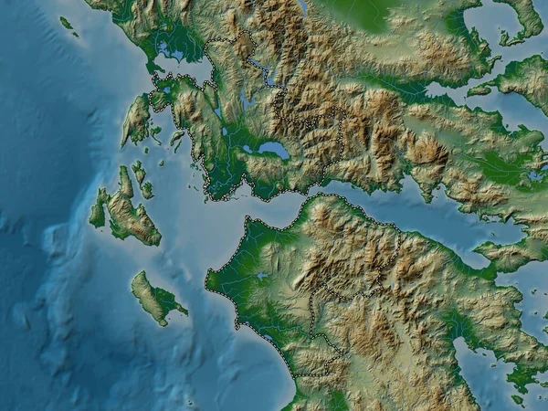 Western Greece, decentralized administration of Greece. Colored elevation map with lakes and rivers