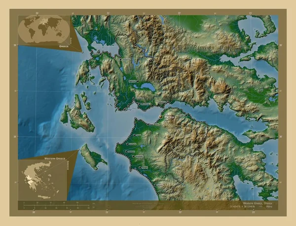 Zachodnia Grecja Zdecentralizowana Administracja Grecji Kolorowa Mapa Wzniesień Jeziorami Rzekami — Zdjęcie stockowe