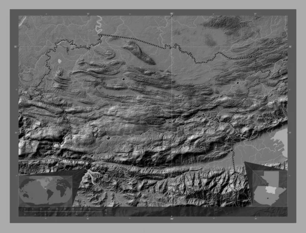 グアテマラのアルタ ベラパズ県出身 湖や川と二階の標高マップ 地域の主要都市の場所 コーナー補助位置図 — ストック写真