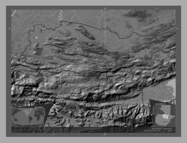 グアテマラのアルタ ベラパズ県出身 湖や川と二階の標高マップ 地域の主要都市の位置と名前 コーナー補助位置図 — ストック写真