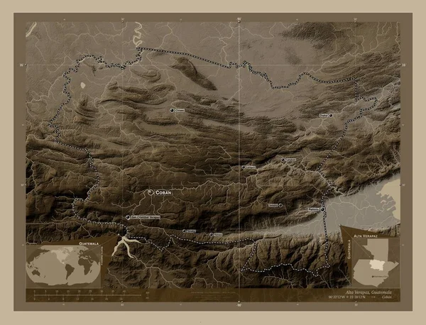 Alta Verapaz Department Guatemala Elevation Map Colored Sepia Tones Lakes — Stock Photo, Image