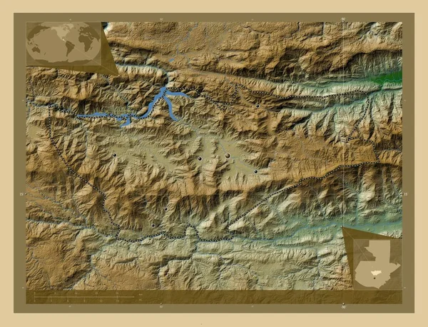 ベラパズグアテマラ出身 湖や川と色の標高マップ 地域の主要都市の場所 コーナー補助位置図 — ストック写真