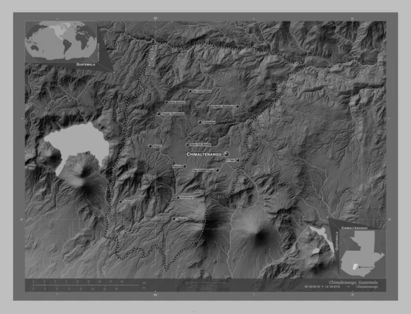 Chimaltenango Department Guatemala Grayscale Elevation Map Lakes Rivers Locations Names — Stock Photo, Image