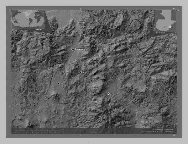 Chiquimula Department Guatemala Grayscale Elevation Map Lakes Rivers Locations Names — Stock Photo, Image