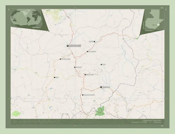 グアテマラのチキムラ県 ストリートマップを開く 地域の主要都市の位置と名前 コーナー補助位置図 — ストック写真