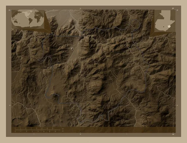 Чикимула Департамент Гватемалы Карта Высоты Окрашенная Сепиевые Тона Озерами Реками — стоковое фото