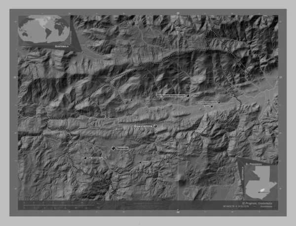 Progreso Dipartimento Del Guatemala Mappa Elevazione Scala Grigi Con Laghi — Foto Stock