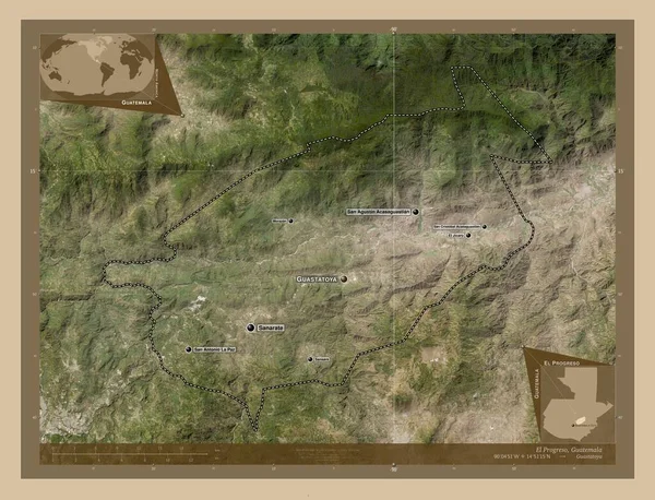 危地马拉省El Progreso 低分辨率卫星地图 该区域主要城市的地点和名称 角辅助位置图 — 图库照片